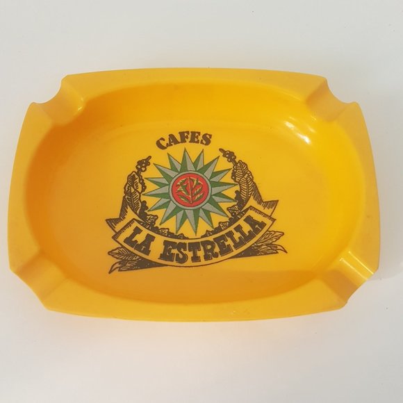 Vintage Cafes La Estrella Ashtray Efmen Spain Gijon Hard Plastic RARE Bright Yel - Picture 1 of 7